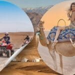 Participants enjoying Agafay desert camel ride and quad Biking through Morocco’s rocky terrain.