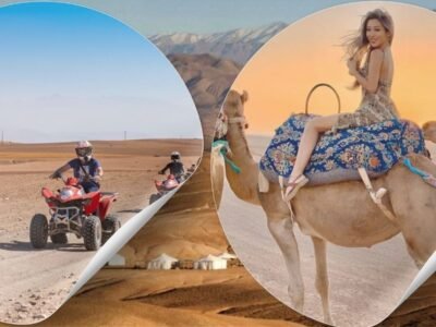 Participants enjoying Agafay desert camel ride and quad Biking through Morocco’s rocky terrain.