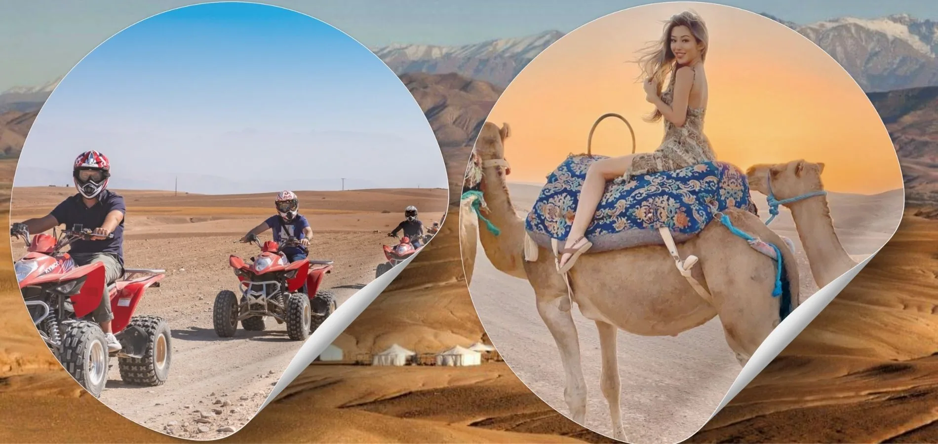 Participants enjoying Agafay desert camel ride and quad Biking through Morocco’s rocky terrain.