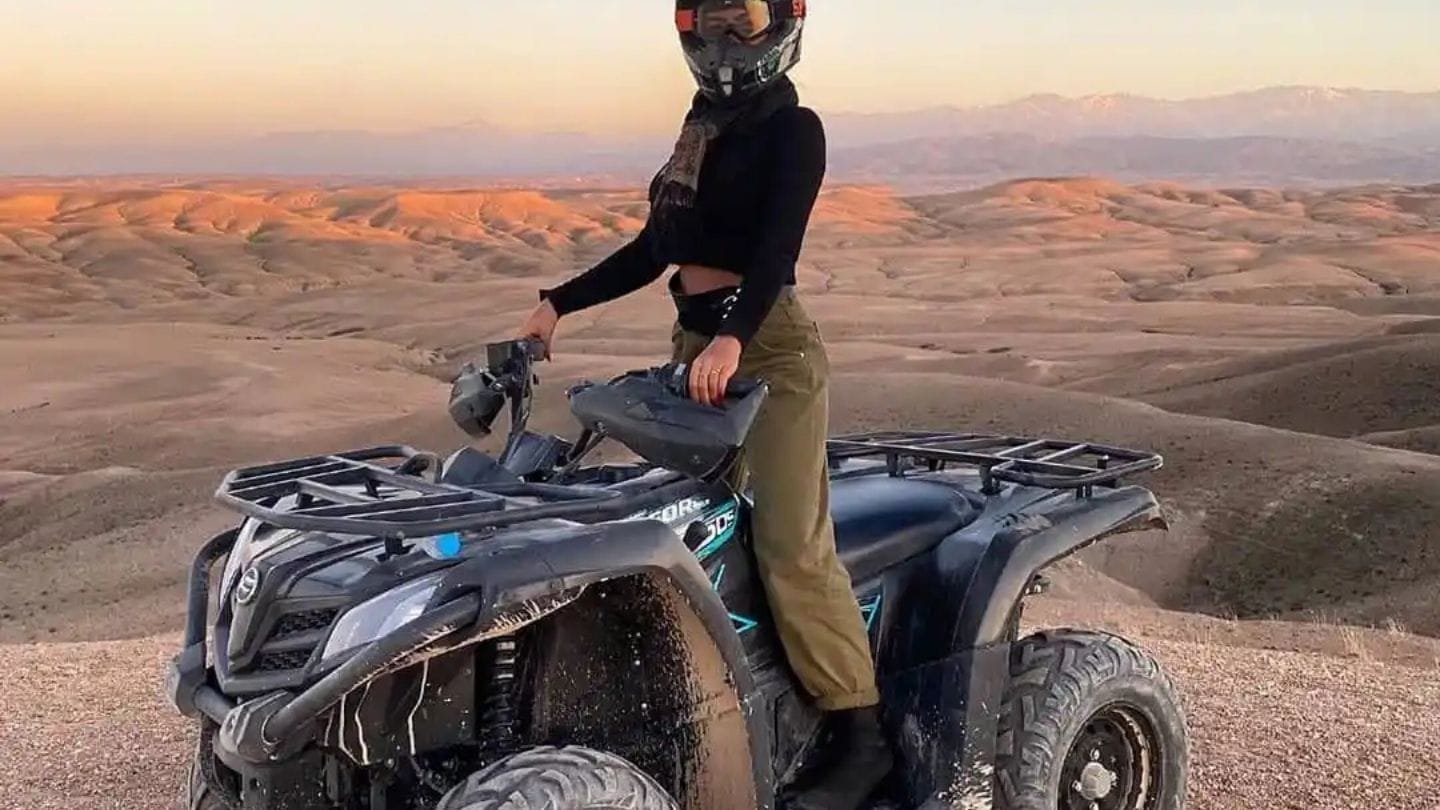 Solo rider quad biking in the Agafay Desert near Marrakech.