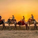 Group enjoying a camel ride at sunset in the Agafay Desert.