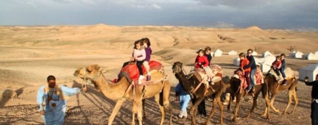 Group of travelers riding camels in the Agafay Desert with panoramic views of the valley.