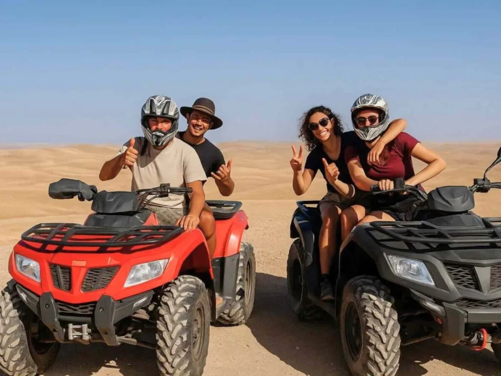 A group of friends enjoys a quad bike outing in Marrakech Agafay