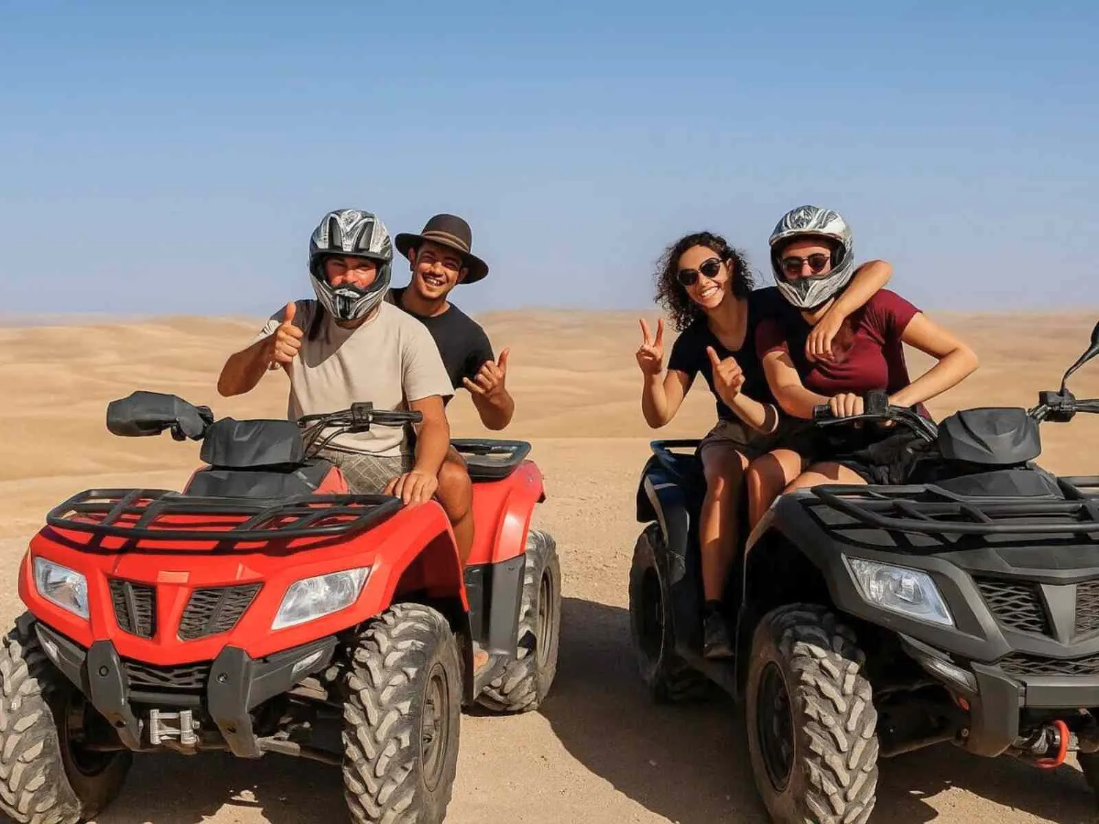 A group of friends enjoys a quad bike outing in Marrakech Agafay